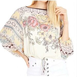 FREE PEOPLE Blue Nile Floral Printed Top Blouse in Neutral Motif Size S